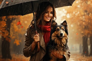 Wall Mural - portrait of young woman walking her dog in the park in autumn day, AI Generated