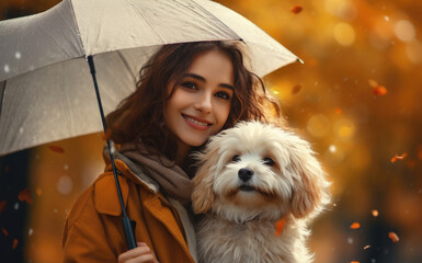 Wall Mural - portrait of young woman walking her dog in the park in autumn day, AI Generated