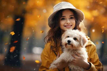 Wall Mural - portrait of young woman walking her dog in the park in autumn day, AI Generated