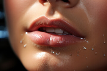 Wall Mural - Shiny wet sexy lips with pink glossy lipstick close-up, plump lips with makeup