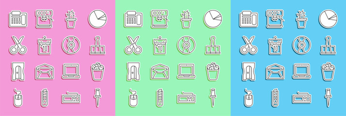 Wall Mural - Set line Push pin, Full trash can, Binder clip, Cactus and succulent pot, Calendar, Scissors, Telephone and CD DVD disk icon. Vector