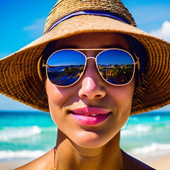 Generative AI, Generative, AI, IA, generativa, IA generativa, close Up de una mujer con un gorro, con gafas de sol con el mar de fondo de vacaciones