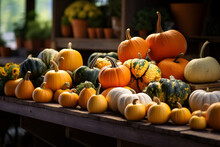 Pumpkins At A Farmer's Market, With Pumpkins Of Different Colors And Arrangements Generative AI