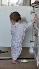 Wall Mural - Little baby opens the door of a closed closet. A curious child tries to open a drawer in the furniture. Kid aged ten months