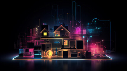 Wall Mural - a modern smart home, vibrant neon lines forming interconnected smart devices, highlighting interconn