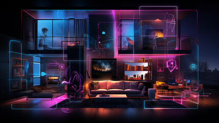 Wall Mural - a modern smart home, vibrant neon lines forming interconnected smart devices, highlighting interconn