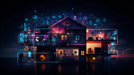 Wall Mural - a modern smart home, vibrant neon lines forming interconnected smart devices, highlighting interconnectivity, energetic, digital, cyberpunk vibes, dynamic composition on a dark background