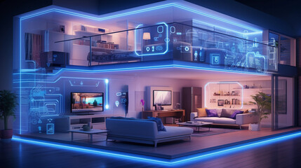 Cybernetic vision of home automation, showcasing smart appliances, interconnected grid layout, holographic style