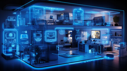 Cybernetic vision of home automation, showcasing smart appliances, interconnected grid layout, holographic style