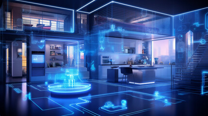 Wall Mural - cybernetic vision of home automation, showcasing smart appliances, interconnected grid layout, holog