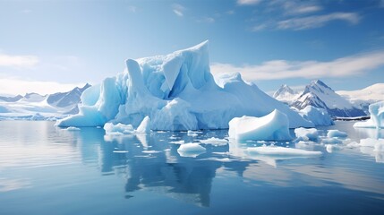 A Majestic Iceberg Surrounded by Ice Floes and a Glacier in the Background. The Sky is Clear and the Water is Reflecting the Light from the Sun.