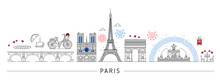 Paris Silhouette And France Travel Landmarks In Skyline, Vector City Architecture. France Famous Symbols And Paris Buildings Of Eiffel Tower, Triumphal Arch And Notre-Dame Cathedral With Baguette