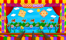 Carnival shoot game, amusement park booth. Cartoon vector duck hunt funfair or circus shooting fairground entertainment. Small stall with drake birds, targets, pond with waves and rifle guns in row