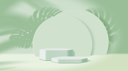 Wall Mural - Light green podium stage or pedestal with monstera leaves for cosmetics display, vector background. Cosmetics product podium pedestals with palm leaf shadow, stage platform or showcase display