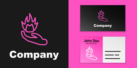 Wall Mural - Pink line Hand holding a fire icon isolated on black background. Logo design template element. Vector