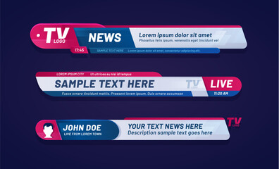 Wall Mural - News bar lower third header, tv headline that display essential information on television broadcasts. Vector video titles, modern blue and red overlay. Isolated strips, layout with text template