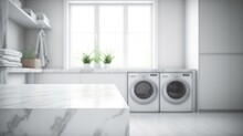 Laundry Room Interior With White Marble Floor And Washing Machine
