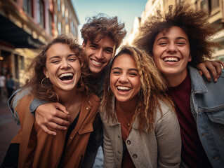 Gruppo multirazziale di amici che si divertono insieme all'aperto sulla strada della città- Giovani allegri che camminano abbracciati fuori- Concetto di stile di vita Next gen z-Studente sorridente ch