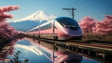 Shinkansen Or Bullet Trains Run Through Mount Fuji And Shibazakura In Spring. Shinkansen In Japan.