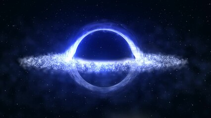 Bright black hole in open space with spinning energy particles, cosmic sphere in blue and purple color glowing abstract background