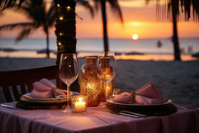 Christmas Romantic Table Setting  In A Tropical Sunset Colors. Christmas Holiday On The Tropical Beach Background. 