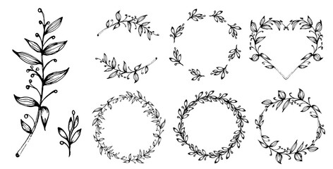 Wall Mural - Floral branch hand drawn circle wreath set, vector illustration frame for card or invitations isolate on white background