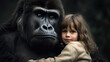 © ADDICTIVE STOCK - Generative AI illustration of smiling little girl looking at camera while embracing big serious gorilla against blurred background
