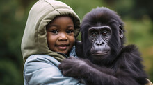 Generative AI Illustration Of Smiling Small Gorilla Embracing African American Little Girl In Hoddie While Looking At Camera Against Blurred Green Background