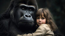 Generative AI Illustration Of Smiling Little Girl Looking At Camera While Embracing Big Serious Gorilla Against Blurred Background