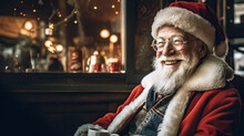 Generative AI Image Of Portrait Of Smiling Senior Man Seated In Santa Claus Hat With Long White Beard Looking Away Against Blurred Background