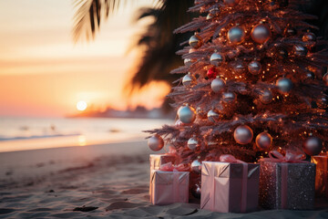 Sticker - Pink Christmas tree with gift boxes on a tropical coastline in pink gold sunset colors. 