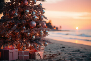 Wall Mural - Christmas tree with present boxes on a tropical coastline in trendy pink hues. Christmas Holiday on the tropical beach background. 