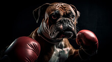 Image Of A Boxer Dog, Wearing Boxing Gloves, On A Dark Background, Generative AI 