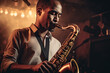 © ADDICTIVE STOCK - Generative AI illustration of african american male musician in with a shirt standing near microphone and playing alto saxophone during concert