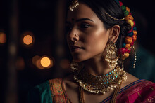 Generative AI illustration of young indian woman in traditional clothes looking away while standing against blurred dark background