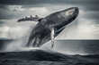 © ADDICTIVE STOCK - Generative AI illustration big whale with pointed fins skipping in blue ocean water with foam in daylight with a cloudy sky