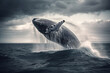 © ADDICTIVE STOCK - Generative AI illustration big whale with pointed fins skipping in blue ocean water with foam in daylight with a cloudy sky