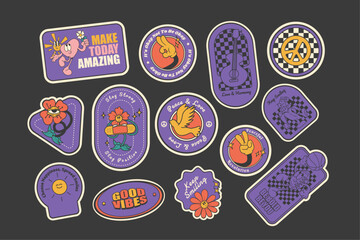 Wall Mural - Groovy 70s stickers, collection of stickers in retro style, vector illustration