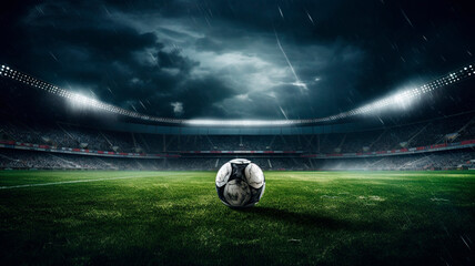 dramatic shot of a soccer field with green grass, soccer ball lying on the field, rain coming down, 