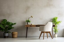 Plants Adorn A Home Office Featuring A Traditional Chair Placed At A White Desk, Set Against A Concrete Wall.
