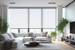Interior roller blinds are installed in the living room, featuring white colored roller shades on the windows. Within the same room, there are also a houseplant and a sofa present. To add to the