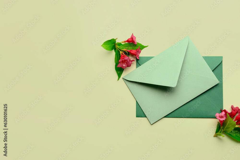 Composition with envelopes and flowers on color background