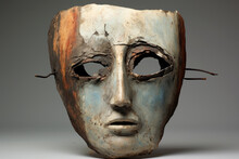 A Sculpture Made Of A Rusted Metal And Has A Rough Texture. The Sculpture Has Two Protruding Wires On Either Side Of The Head