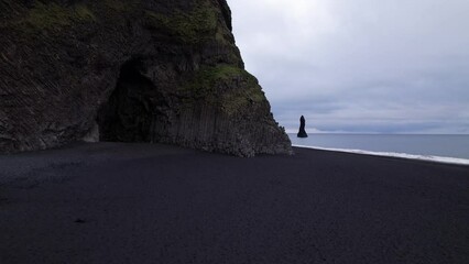 Wall Mural - DRONE AERIAL FOOTAGE: Reynisfjara Black sand beach, Halsanefshellir cave, basalt columns and sea stacks at Vik i Myrdal in Iceland.