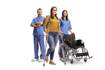 Poster - Injured young female with crutches with a medical team