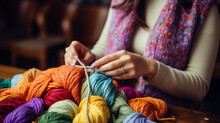 A Cozy Scene Of Hands Skillfully Knitting A Warm Scarf With Colorful Yarn 