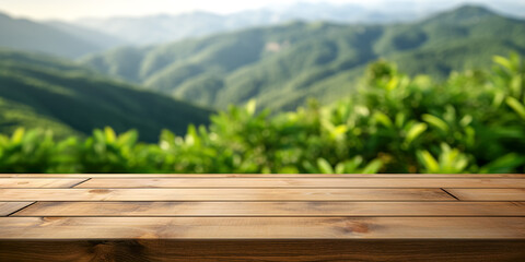 Poster - table background of free space for your decoration and blurred landscape of mountains. Blue sky with sun light and green small leaves. digital ai