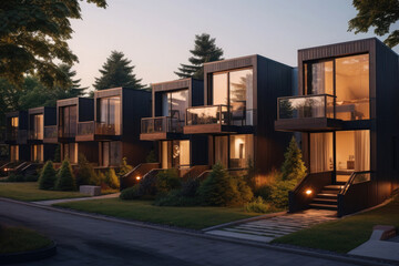 Wall Mural - Townhouses facade with illuminated windows in dusk. Modern residential houses in luxury neighborhood