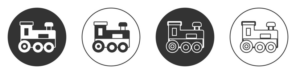Black Toy train icon isolated on white background. Circle button. Vector