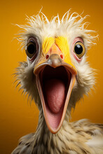Portrait Banner For Website Of Surprised Amazed Duck Goose Pet With A Curious Face With Open Mouth At On Yellow Background. Website Banner Concept. Advertising Postcards, Notebooks. Generative AI